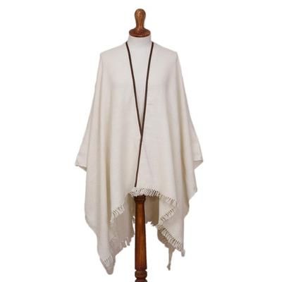 Dreamy Cloud,'Cream 100% Baby Alpaca Wool Suede Trimmed Fringed Ruana'