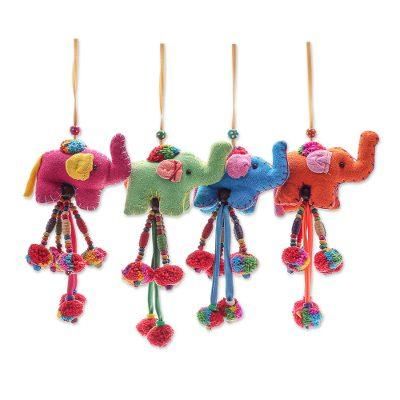 Colorful Parade,'Handcrafted Cotton Blend Elephant Ornaments (Set of 4)'