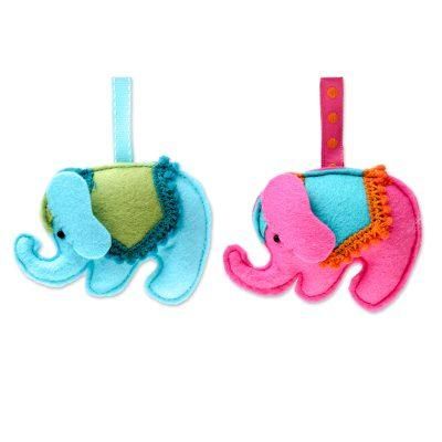 Delightful Elephants,'Felt Elephant Ornaments in Fuchsia and Blue (Pair)'