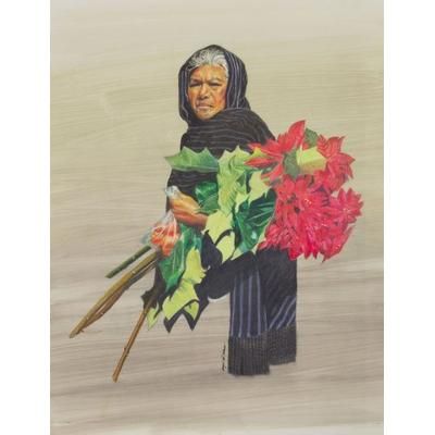Lady with Poinsettias,'Portrait of Purepecha Woman and Poinsettias Realism Painting'