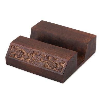 Desk Garden,'Wood Mobile Device Stand with Hand Carved Floral Motif'