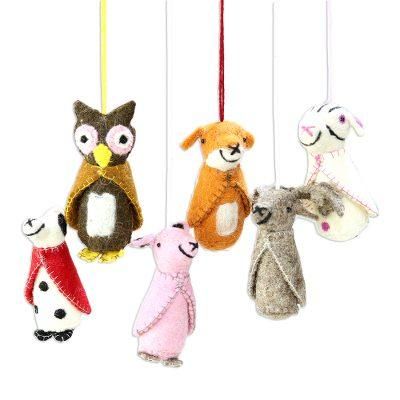 Woodland Animals,'Animal-Themed Wool Ornaments from India (Set of 6)'