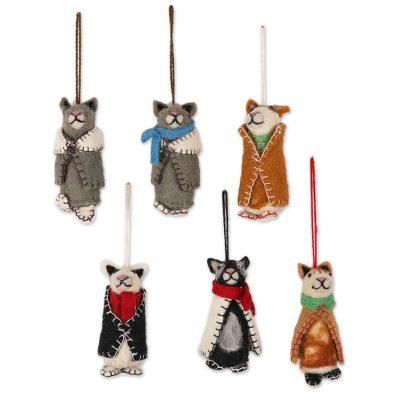Cozy Animals,'Embroidered Wool Cat Ornaments from India (Set of 6)'