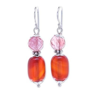 Tangerine Day,'Artisan Crafted Carnelian and Quartz Dangle Earrings'