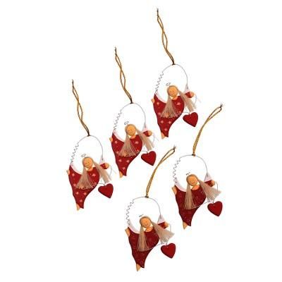 'Heart-Themed Wood Angel Ornaments in Red (Set of 5)'