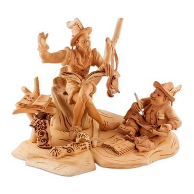 Quixote Reads to Sancho Panza,'Cedar Wood Heirloom Quixote and Sancho Panza Sculpture'