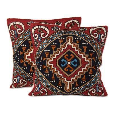 Creative Kite,'Colorful Embroidered Cotton Cushion Covers from India (Pair)'