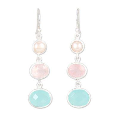 Lovely Trio,'Chalcedony Rose Quartz and Pearl Earrings from India'