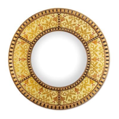 'Round Floral Warm-Toned Reverse-Painted Glass Wall Mirror'