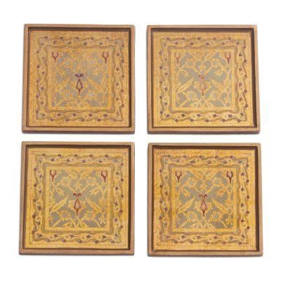 Colonial Gold,'Four Floral Gold-Tone Reverse Painted Glass Coasters'