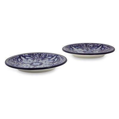 Puebla Kaleidoscope,'Artisan Crafted Blue Floral Ceramic Plates (Pair)'