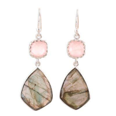 Aurora Sophistication,'Labradorite and Rose Quartz Dangle Earrings from India'