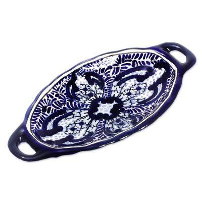 Puebla Kaleidoscope,'Blue and White Talavera Style Ceramic Butter Dish'