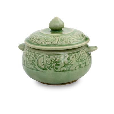 Celadon ceramic covered bowl, 'Green Elephant Forest'