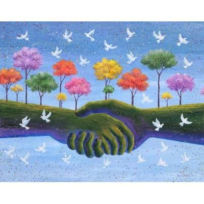 'Acrylic on Canvas Peace-Themed Surreal Painting from Java'