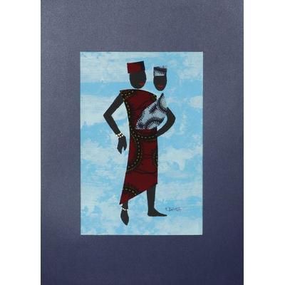 Father's Pride I,'Father and Child Painting with Red and Blue Cotton Accents'