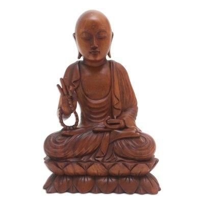 Praying Buddha,'Handmade Suar Wood Buddha Sculpture Hand Carved in Bali'
