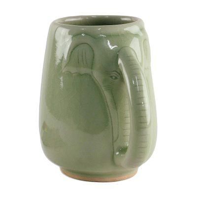 Morning Elephant in Green,'Ceramic Celadon Elephant Mug in Green from Thailand'