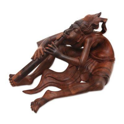 Balinese Flutist,'Signed Suar Wood Flutist Sculpture from Bali'