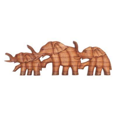 Wood wall panel, 'Hand in Hand' - Wood Elephant Relief Panel
