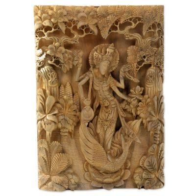 Hindu Goddess Saraswati,'Balinese Hand Carved Relief Panel of the Goddess Saraswati'