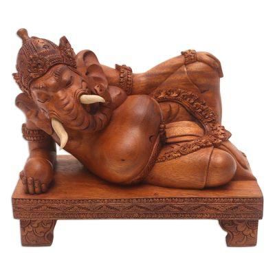 Reclining Ganesha,'Suar and Crocodile Wood Ganesha Sculpture'