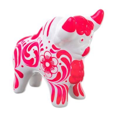 Pucara's Pink Protector,'Traditional Floral Pink Ceramic Bull Sculpture from Pucara'