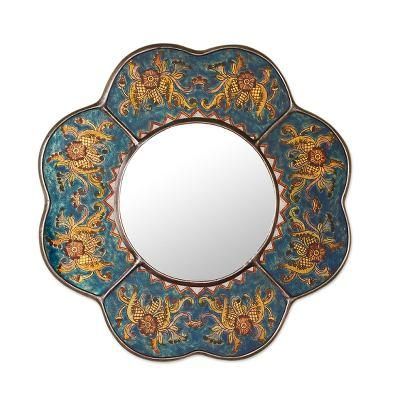 Blue Cajamarca Blossom,'Andean Reverse Painted Glass Blue Floral Wall Mirror'