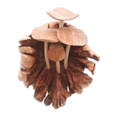 Young Mushrooms,'Hand Carved Balinese Mushroom Statuette'