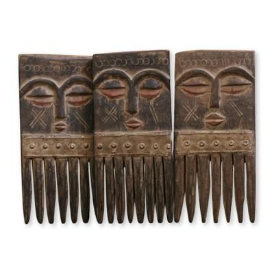 Wood combs, 'Ashanti Wisdom' (set of 3) - Handcrafted Wood Wall Combs