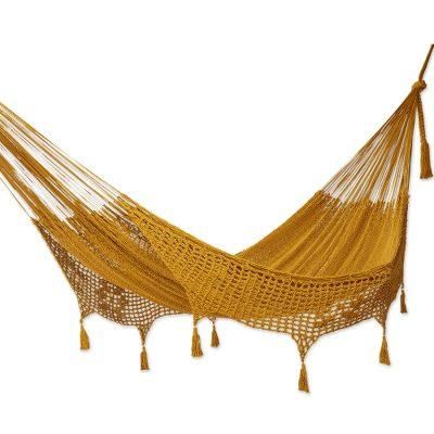 Veranda in Honey,'Amber Brown Tasseled Cotton Hammock (Double) from Mexico'