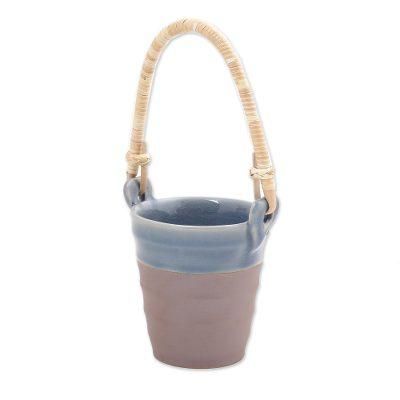 Picnic Mood in Blue,'Celadon Ceramic and Natural Fiber Cup in Blue from Thailand'