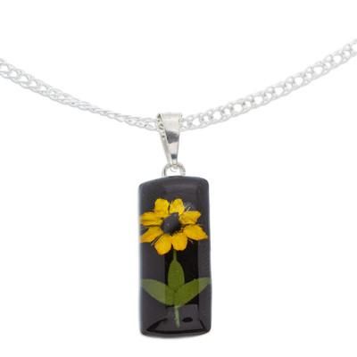 Sun Gift at Night,'Cylindrical Black Natural Sunflower Resin Pendant Necklace'