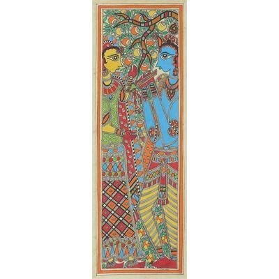 Celestial Lovers,'Original Freehand Madhubani Painting of Krishna and Radha'