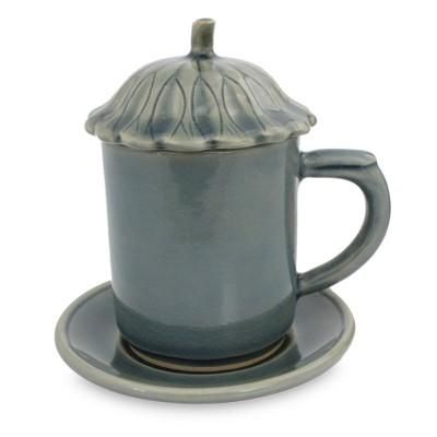 Celadon ceramic covered cup and saucer, 'Blue Lotus Leaf'