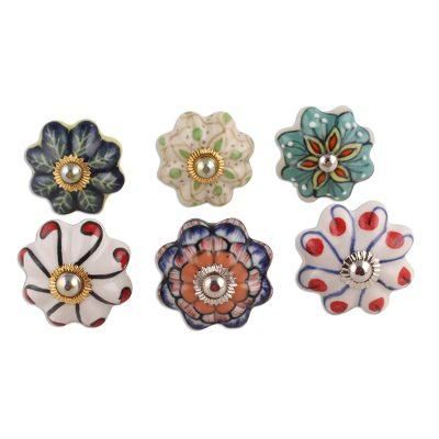 Floral Homestead,'Floral Ceramic Knobs Crafted in India (Set of 6)'