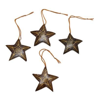 Bright Lights in the Sky,'Set of 4 Handmade Brown Coconut Shell Star Ornaments'