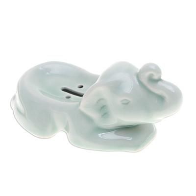 Elephant Clean,'Handcrafted Celadon Ceramic Elephant Soap Dish in Green'