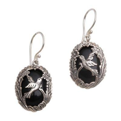 'Onyx and 925 Silver Bird-Themed Dangle Earrings from Bali'