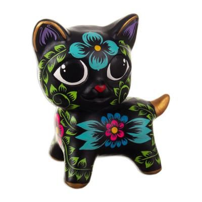Feline Night Magic,'Traditional Andean Ceramic Sculpture of a Black Feline'