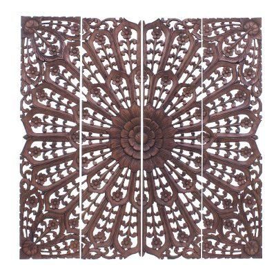 Modern Lotus,'Hand Carved Teak Wood Relief Panels (Set of 4)'