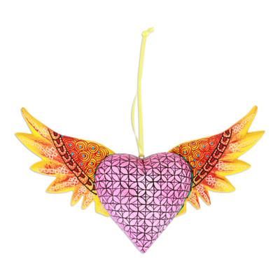 'Hand-Painted Copal Wood Winged Heart Ornament in Yellow'