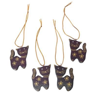 Sweet Felines,'Set of 4 Mahogany Wood Cat Ornaments from Bali'
