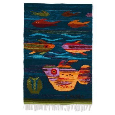 Colorful Aquarium,'Handwoven Wool Fish Tapestry from Peru'