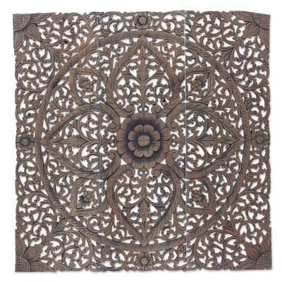 '3 Reclaimed Teak Wood Relief Panels Hand-carved in Thailand'