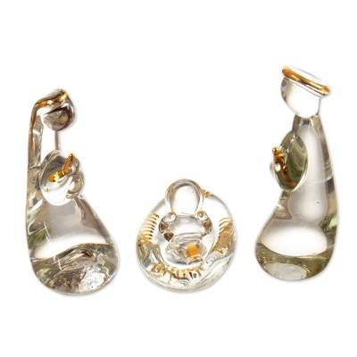 Clear Miracle,'Modern Handblown Glass Nativity Scene with Golden Accents'