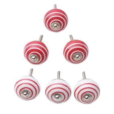 Red Essence,'Set of Six Handcrafted Striped Red and White Ceramic Knobs'