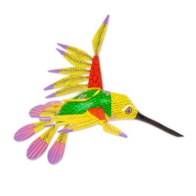 Fanciful Flutter in Yellow,'Copal Wood Yellow Colorful Alebrije Hummingbird Ornament'