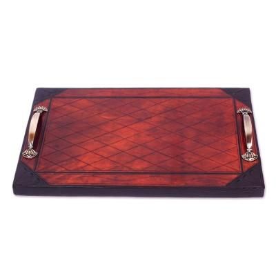 Diamond Server,'Diamond Pattern Leather Tray with Steel Handles from Ghana'