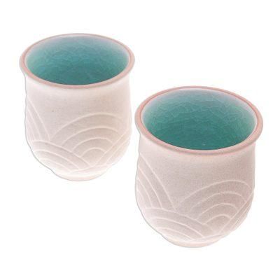 Gentle Waves,'Hand Made Celadon Ceramic Cups from Thailand (Pair)'